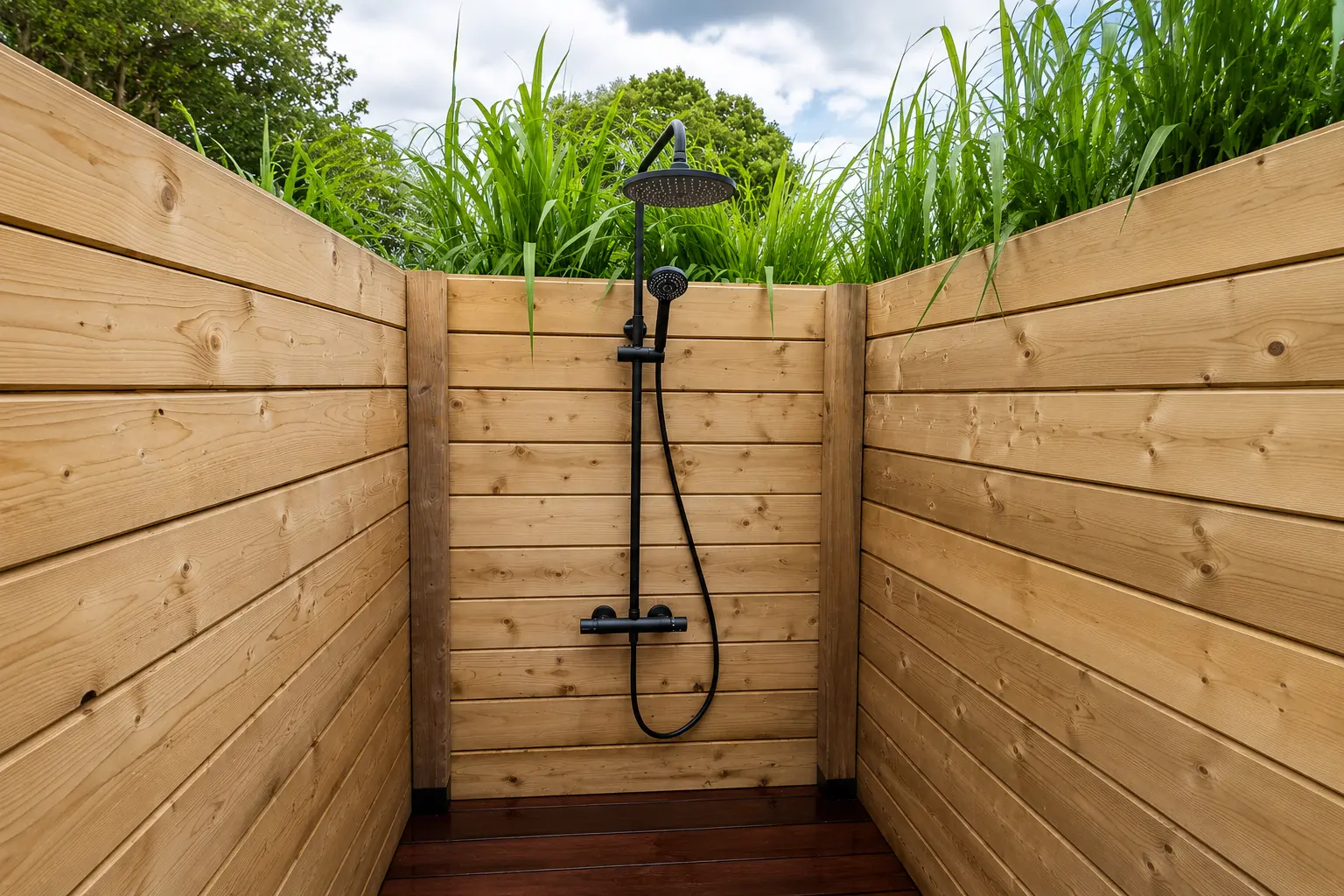 De hippe buitendouche in een houten ombouw, met warm water en groen op de achtergrond